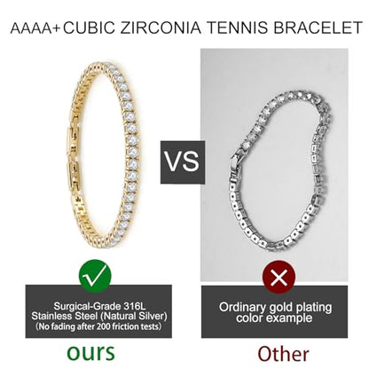 Stainless Steel Adjustable CZ Tennis Bracelet for Women Men | 14K Gold Plated, Round 3mm/4mm/5mm AAAA+ Cubic Zirconia, Dainty Classic, Festival Wedding Jewelry Gift - color: Gold, size: CZ 4mm