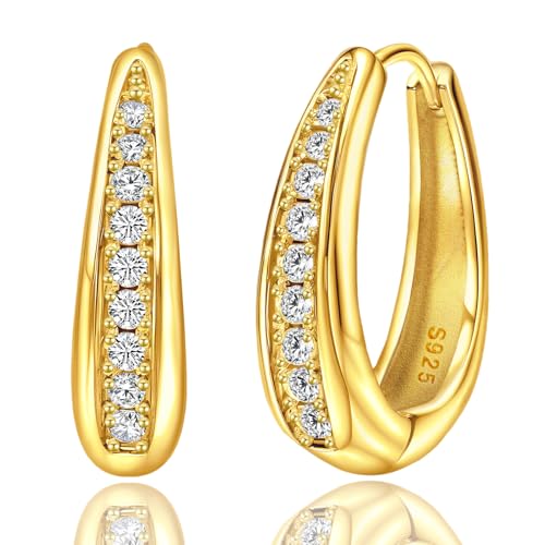Hoop Earrings for Women Chunky Huggie Hoop Earrings Gold Sterling Silver Cz Oval Hoop Earrings Lightweight Chunky Thick Hoops Dainty Hypoallergenic Jewelry for Mom Wife Birthday Party Gifts - color: Gold