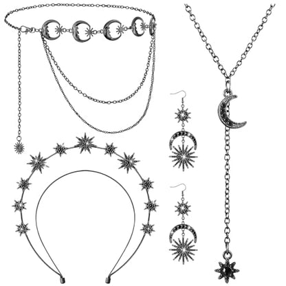 Glenmal 4 Pieces Celestial Jewelry Moon Stars Crown Necklaces and Body Chain Headband Drop Earrings for Women - color: Black