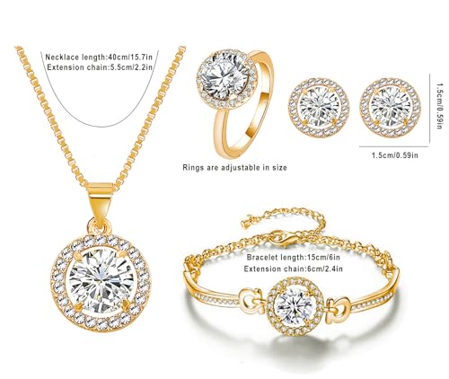 Women 4Pieces Cubic Zirconia Jewellery Set Rhinestone Necklace Earrings Bracelet Ring - color: Gold
