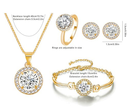 Women 4Pieces Cubic Zirconia Jewellery Set Rhinestone Necklace Earrings Bracelet Ring - color: Gold