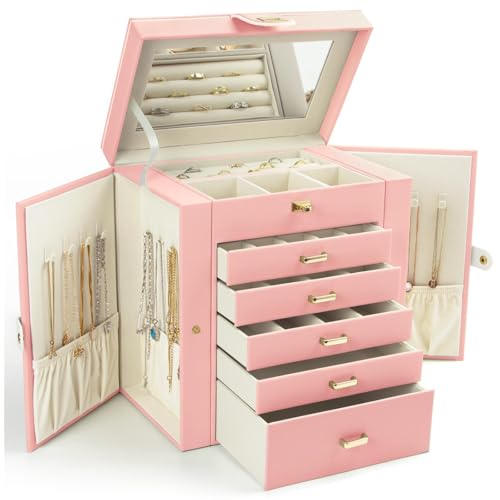 KAMIER Jewelry Box for Women, 6-Layer Large Jewelry Organizer Box with Mirror & 5 Drawers for Rings, Earrings, Necklaces, Bracelets,Pink - color: Pink
