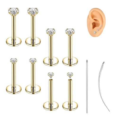 18G/16G Labret Jewelry Surgical Steel Internal Thread | CZ Stud, Lip Nose Piercing Studs, Flat Back, Medusa Monroe Lip Cartilage Earring, 2/2.5/3/4mm CZ - color: 18G,7mm-bar,2/2.5/3/4mm-CZ,Gold