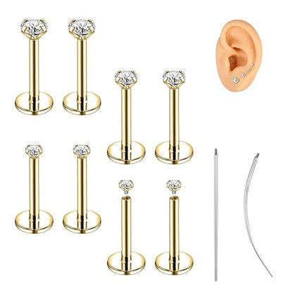 18G/16G Labret Jewelry Surgical Steel Internal Thread | CZ Stud, Lip Nose Piercing Studs, Flat Back, Medusa Monroe Lip Cartilage Earring, 2/2.5/3/4mm CZ - color: 18G,7mm-bar,2/2.5/3/4mm-CZ,Gold