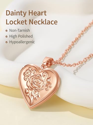 FindChic Locket Necklace for Women Custom Photo Memorial Gifts 4 Colors | Silver/Black/Rose Gold/Gold Plated Personalized for Loved Ones, Birthday Valentine's Day Keepsake - style: 12. Rose Relief (DIY)-Rose Gold