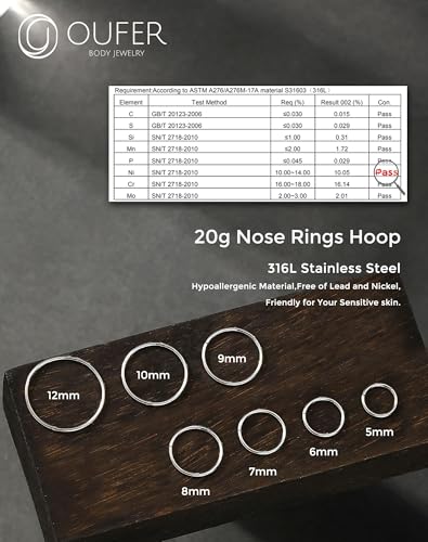 OUFER 20G/16g Nose Rings Hoops, 316L Surgical Steel Hinged Segment Nose rings for Women Men, Septum Lip Rings, Cartilage Helix Daith Tragus Rook Conch Ear Lobe Piercing Jewelry-6mm 7mm 8mm 9mm 10mm