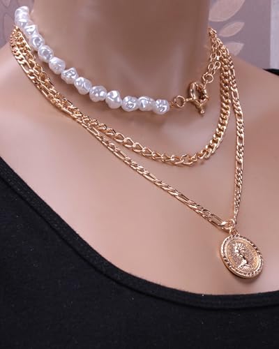 Gold Layered Necklaces for Women Chunky Layered Gold Necklaces Stacked Paperclip Chain Pearl Necklace Herringbone Toggle Clasp Choker Trendy Statement Jewelry Gifts - color: A2:gold layered necklace