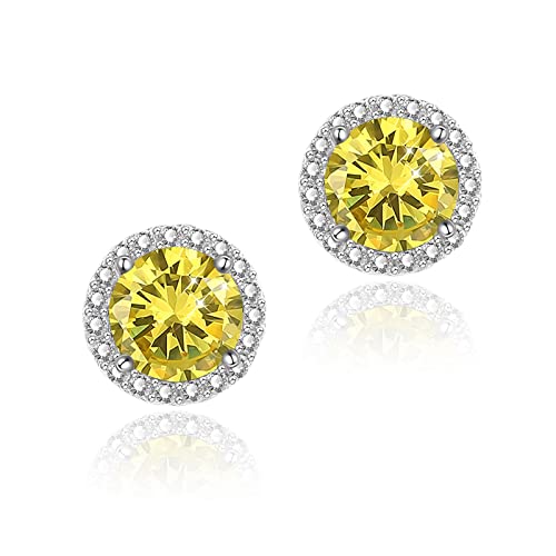YOMELA Round Cubic Zirconia Stud Earrings for Women | Everyday Dainty, Diamond-Like Brilliance, CZ Halo Birthstone Studs, Hypoallergenic & Lightweight, Elegant & Versatile - color: Yellow