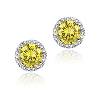 YOMELA Round Cubic Zirconia Stud Earrings for Women | Everyday Dainty, Diamond-Like Brilliance, CZ Halo Birthstone Studs, Hypoallergenic & Lightweight, Elegant & Versatile - color: Yellow