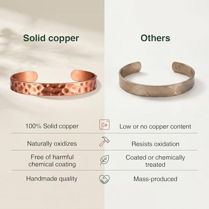 Copper Bracelets for Women Men Set, 100% Solid Real Pure Handmade Hammered Copper & Rings Jewelry Bracelet