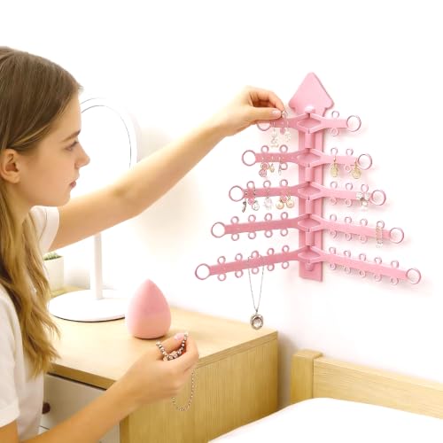 5-Tier Hanging Jewelry Organizer, Wall Mounted Earring Necklace Holder with Multiple Hooks, Space-Saving Display Rack for Earrings Necklaces Bracelets Rings (Pink)