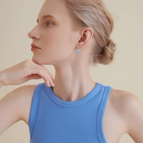 Sparkly Crystal Love Heart Dangle Drop Earrings Dainty Rhinestone Tiny Heart Huggie Hoop Earrings For Women - color: Blue