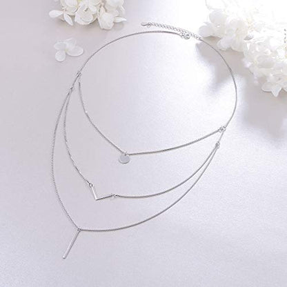 DAOCHONG S925 Sterling Silver Triple Layer Pendant Choker Necklace for Women 16"+2" - style: 3 Multilayer Layered