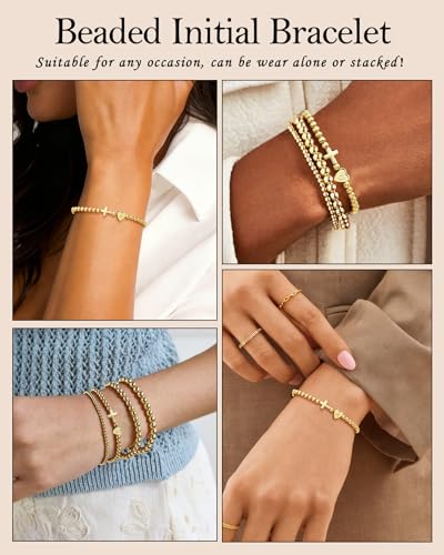 TLY Gold Beaded Bracelets for Women Cross Initial Elastic Stretch Bracelet | 14K Gold Plated Dainty Cute Trendy Friendship Bracelets Stack A-Z Heart Letter Charm Bracelet Jewelry Gifts for Women Teen - color: V