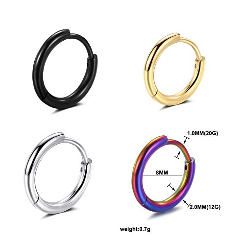 Black Hoop Earrings for Men 8mm 10mm 12mm – Surgical Stainless Steel Hypoallergenic Mens Small to Medium Hoop Earrings Set (3 Pairs) - style: A:4pairs,8mm,black+steel+rainbow+gold