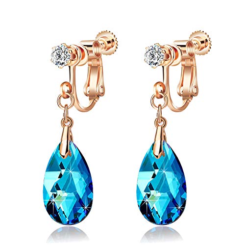EVEVIC Austrian Crystal Teardrop Clip On Drop Earrings for Women | Adjustable Screw-Back Fit, 14K Rose Gold-Plated, Soft Silicone Pads Included, Comfortable For Pierced Or Non-Pierced Ears - color: Bermuda Blue