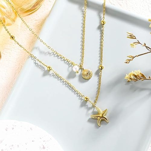 Evabelle Gold Layered Necklace for Women Trendy Jewelry 14K Real Gold Plated Chunky Chain Stackable Necklaces Dainty Choker Necklaces Rectangle Square Pendant - color: Gold Necklace 07
