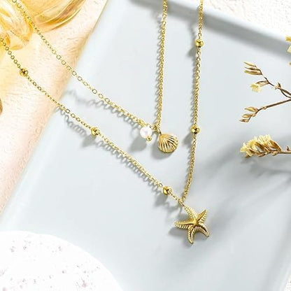 Evabelle Gold Layered Necklace for Women Trendy Jewelry 14K Real Gold Plated Chunky Chain Stackable Necklaces Dainty Choker Necklaces Rectangle Square Pendant - color: Gold Necklace 07