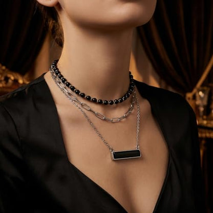 Layered Stone Necklace, Triple Strand Beaded Choker with Paperclip Chain, Boho Western Fashion Jewelry - color: Black