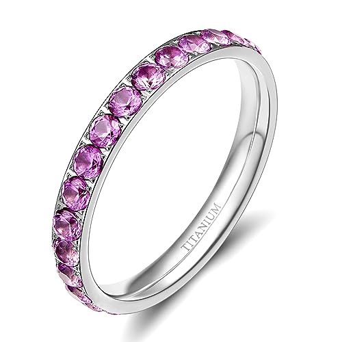 TIGRADE 3mm Women Titanium Engagement Ring Cubic Zirconia Eternity Wedding Band Size 3-13.5 - color: Purple-Pink