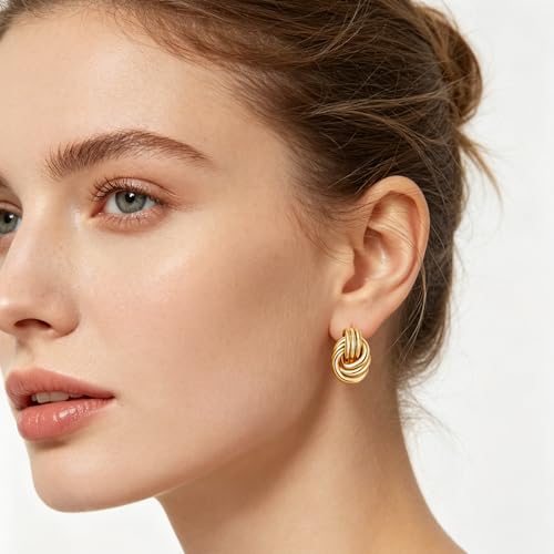 Gold Statement Earrings For Women, 14K Gold Plated Textured Geometric Drop Earrings - Hypoallergenic Stainless Steel Statement Earrings for Women, Waterproof Fan-Shaped Dangle Earrings for Beach & Daily Wear - color: Knot Gold YE03GL
