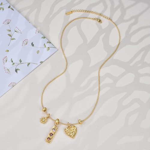 NUZON Multi-Charm Necklace for Women, 18K Gold Plated Stainless Steel Lucky Clover & Daisy Heart Pendant Necklace, NON Tarnish Sliding Charm Necklace Layering Jewelry, Meaningful Gift for Her 18’’ - color: Daisy Heart