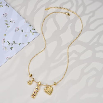 NUZON Multi-Charm Necklace for Women, 18K Gold Plated Stainless Steel Lucky Clover & Daisy Heart Pendant Necklace, NON Tarnish Sliding Charm Necklace Layering Jewelry, Meaningful Gift for Her 18’’ - color: Daisy Heart