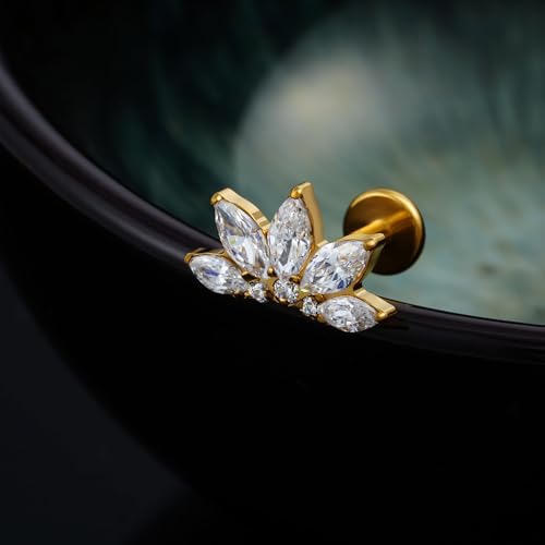 FINE4U 1PC ASTM F136 Titanium 16G Flatback Stud for Tragus, Helix, Conch 6mm 8mm - Screw on Cartilage Earring Piercing Jewelry - color: Flower CZ - Gold