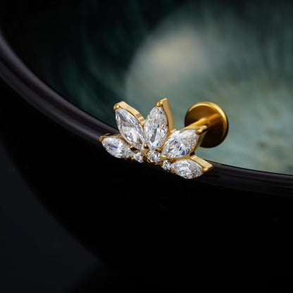 FINE4U 1PC ASTM F136 Titanium 16G Flatback Stud for Tragus, Helix, Conch 6mm 8mm - Screw on Cartilage Earring Piercing Jewelry - color: Flower CZ - Gold