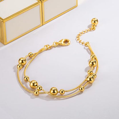 Womens Anklet 925 Sterling Silver Layered Anklet Bracelet Dainty Beaded Foot Chain Adjustable Summer 24k Gold Plated Beach Jewelry Gift - color: Snake Chain Gold