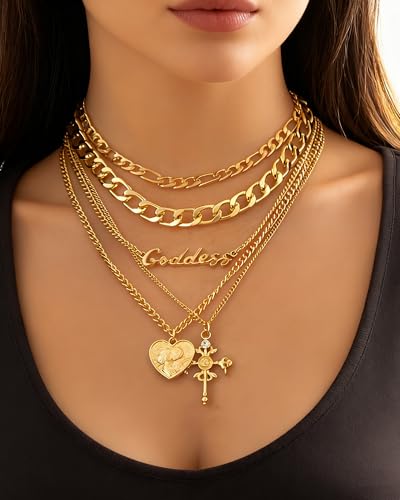 Gold Layered Necklaces for Women Chunky Layered Gold Link Chain Necklaces Trendy Paperclip Herringbone Toggle Clasp Necklace Statement Jewelry Accessories for Her - color: A6:heart goddess necklaces