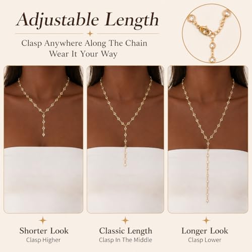 Frodete Gold Lariat Necklace for Women Long Gold Drop Necklace with Clear Beads Adjustable Y Necklace for Dresses Party Vacation - color: A1:gold long necklace
