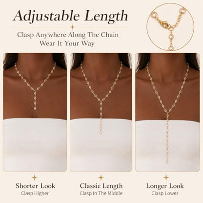 Frodete Gold Lariat Necklace for Women Long Gold Drop Necklace with Clear Beads Adjustable Y Necklace for Dresses Party Vacation - color: A1:gold long necklace