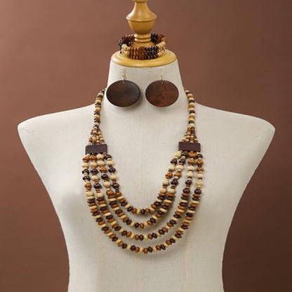 Colorful Ethnic Wooden Earrings Round Statement Dangle Earrings Multilayered Geometric Beaded Bracelet Necklace Set for Women Exaggerated Tribal Jewelry - color: Brown Beige Mixed