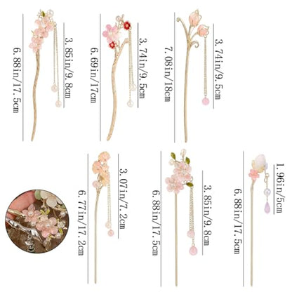 6 PCS Chinese Hair Sticks Set Pink Flower Tassel Hair Stick with Pearl Traditional Asian Metal Hair Chopsticks Long Hair Bun Updo Holders Accessories for Women Girls Hanfu Party Wedding
