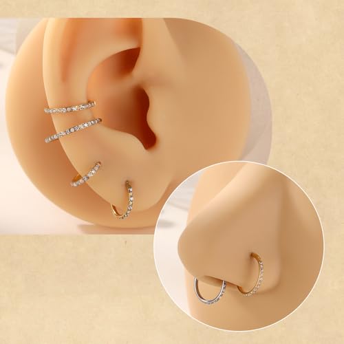 FUNLMO 20G 18G 16G 12G Nose Ring Hoop Conch Rook Daith Helix Tragus Piercing Jewelry 316L Surgical Steel Cartilage Earring Conch Hoop Earring Septum Jewelry Belly Lip Ring 5mm to 14mm - color: Silver-CZ&Opal, 1pc