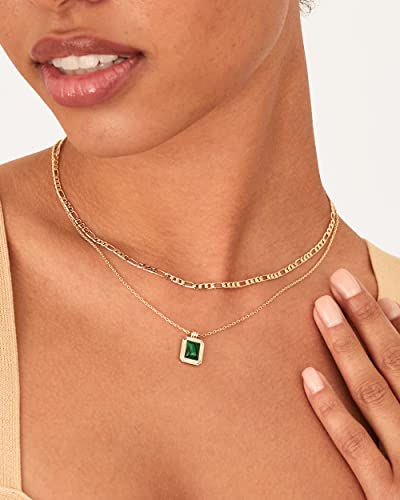 PAVOI 14K Gold Plated Layered Necklaces for Women | Gemstone Pendant Figaro Chain Necklace | Carnelian, Green Aventurine, Malachite Layering Necklace - color: Yellow Gold, style: Malachite
