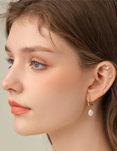 Akeoqi 25Pcs 16G Cartilage Earrings Stud for Women Men Stainless Steel Helix Conch Hoops CZ Opal Flower Butterfly Moon Lighting Snake Bee Forward Rook Tragus Flat Screw Back Piercings Jewelry