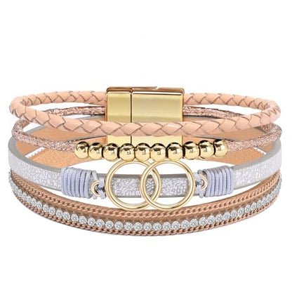 Bracelets for Women, Gifts for Mom Her Christmas Gift 2026 Leather Bracelets for Women Birthday Gift for Daughter Inspirational Wrap Bracelet Sister Friend Teen Girl Gift Layered Stocking Stuffers Jewelry - style: Champagne-Orange