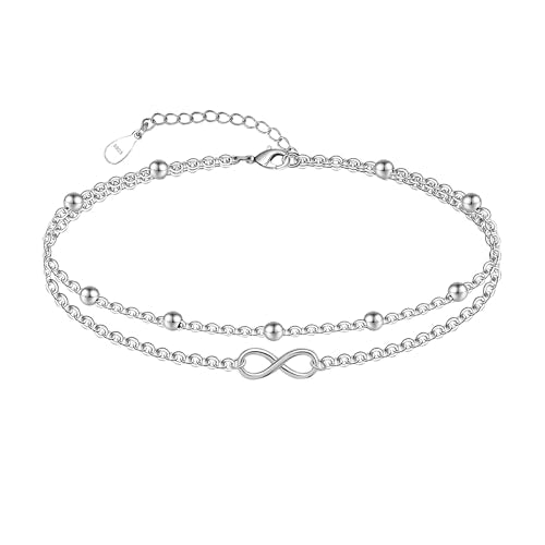 CHIC & ARTSY 925 Sterling Silver Ankle Bracelets for Women, Adjustable Layered Foot Chains with Nature & Symbol Charms, Lightweight Comfort Fit Boho Beach Everyday Jewelry - color: Infinity/silver