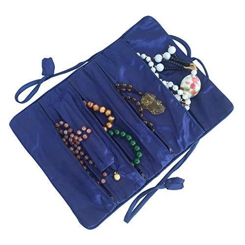 Travel Jewelry Roll Bag - Silk Embroidered Brocade Pouch for Rings, Necklaces, Earrings, Bracelets | Lightweight & Tie Closure (Navy Blue) - color: Navy Blue