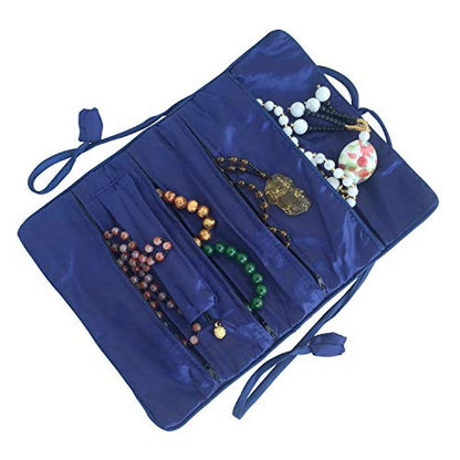 Travel Jewelry Roll Bag - Silk Embroidered Brocade Pouch for Rings, Necklaces, Earrings, Bracelets | Lightweight & Tie Closure (Navy Blue) - color: Navy Blue