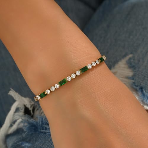 Tennis Bracelet for Women 18K Gold Plated White Red Green Black Blue Pink 3mm Cubic Zirconia Bracelet Dainty Diamond Adjustable Bracelet Trendy Jewelry Gift - color: Green Tennis-GD