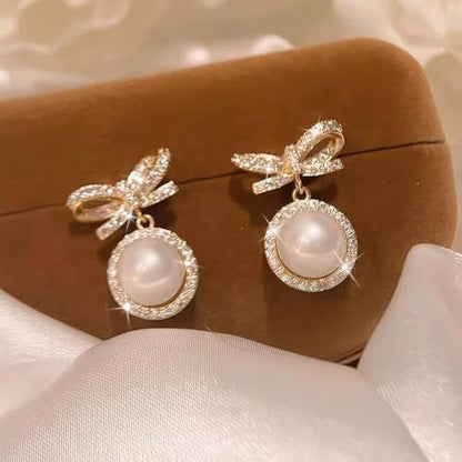 Gold Bow Earrings for Women, Long Tassel Chain Drop Earrings, Trendy Small Bow Earrings, Ribbon Waterfall Dangling Earrings, Pearl Bow Earrings, Sparkly Elegant Bowknot Preppy Jewelry Gifts for Women - color: Gold Bow-E