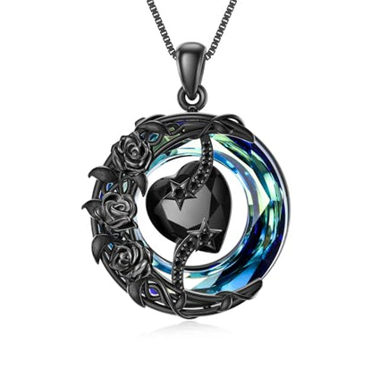 TOUPOP Birthstone Necklace Women Sterling Silver Moon Star Birthday Jewelry | Celtic Moon Pendant with Blue Crystal Anniversary Christmas Jewelry Gifts for Wife Mom Her - color: C-Black Crystal-Black Rose