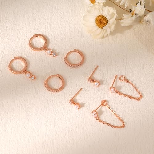 Gold Plated Earrings for Women, 14k Gold Plated Earring Stack Hypoallergenic Pearl Drop Earring Dainty Earrings for Women Trendy Cute Small Huggie Hoop Earring Fashion Womens Jewelry - color: RG Set