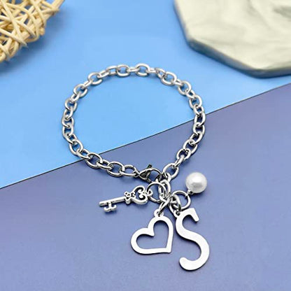 Initial A-Z Bracelets Gift for Women Girls Stainless Steel Chain Bracelet 26 Alphabet Jewelry Gifts for Birthday Anniversary Letter Bracelet Monogram Gifts for Sister Friend Girlfriends Mom 8.26 Inch - color: S