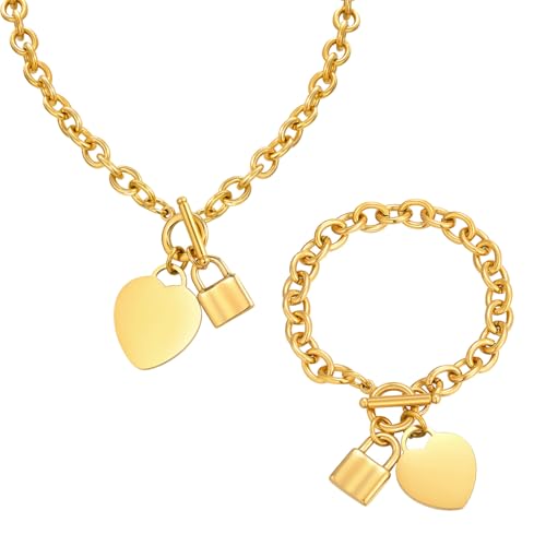 VNOX Personalized Initial Name Stainless Steel Trendy Cable Chain Bracelet Neckalce Set with Padlock Heart Charm and Toggle Clasp Closure - color: Gold Necklace+Bracelet