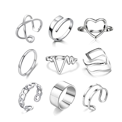 Loqimu 8 Pack Stainless Steel Rings Set for Women Silver Aesthetic Jewelry Rings Adjustable Stackable Rings for Teen Girls Trendy Knuckle Thumb Finger Rings Size 8 9 7 10 Indie rings - color: Silver 3