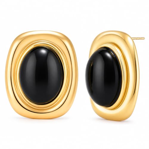 Chunky Gold Stud Earrings for Women 18K Gold Plated Hypoallergenic Chunky Statement Earrings Big Natural Crystal Stone Earring Gift for Women - color: Black Obsidian